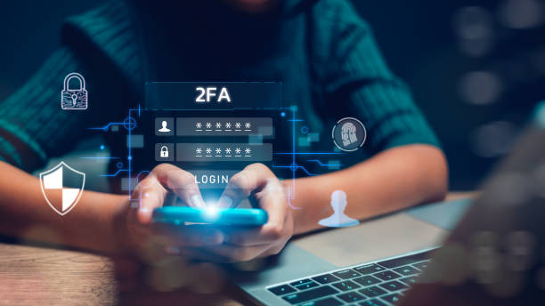 2FA increases the security of your account, a Two-Factor Authentication futuristic virtual interface screen displaying a 2FA concept, Privacy protects data and cybersecurity.